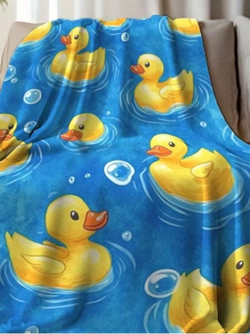 Rubber Duck Print Plush Throw Blanket - Bright Yellow on Blue